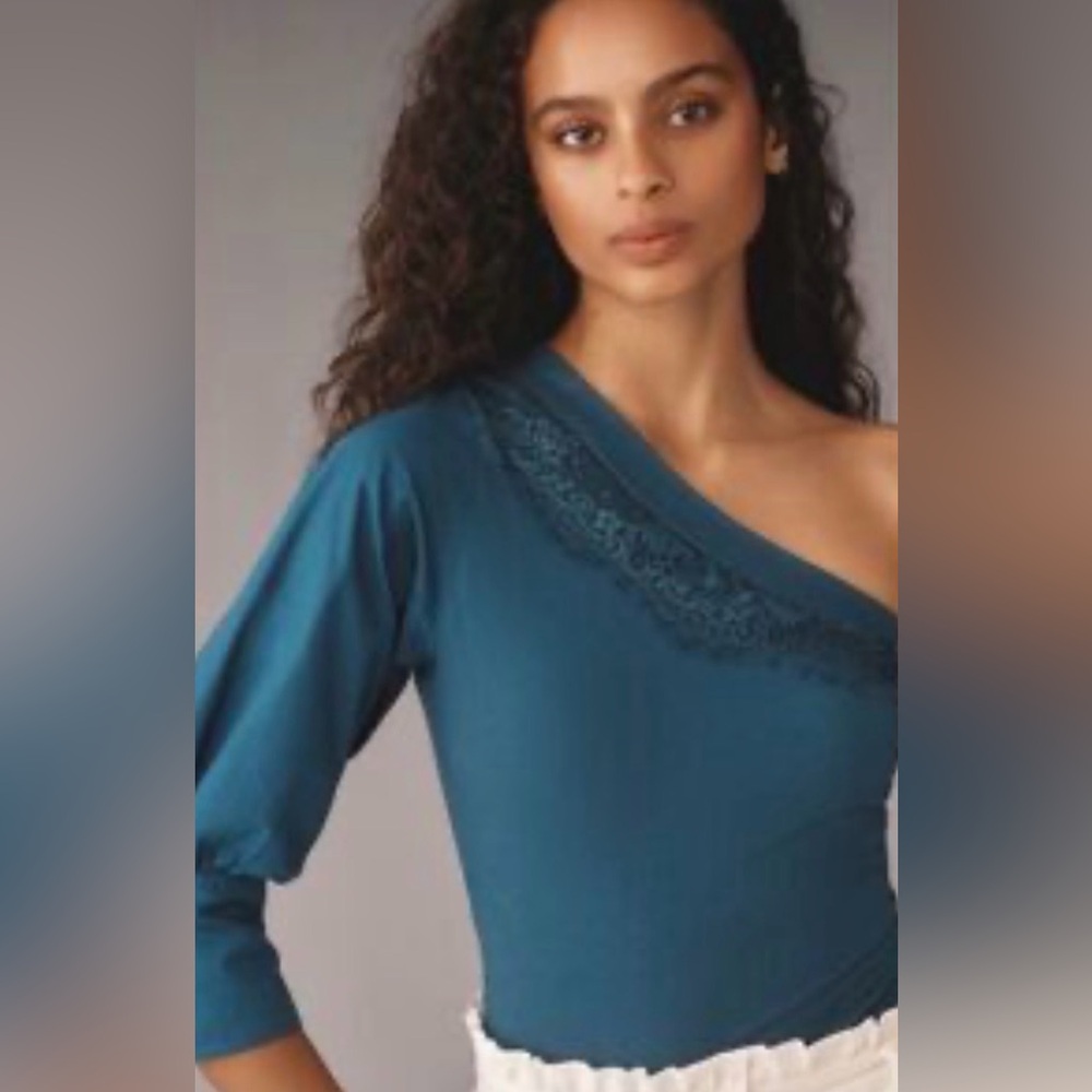 NEW! ANTHROPOLOGIE One-Shoulder Puff-Sleeve Top in Blue Size M